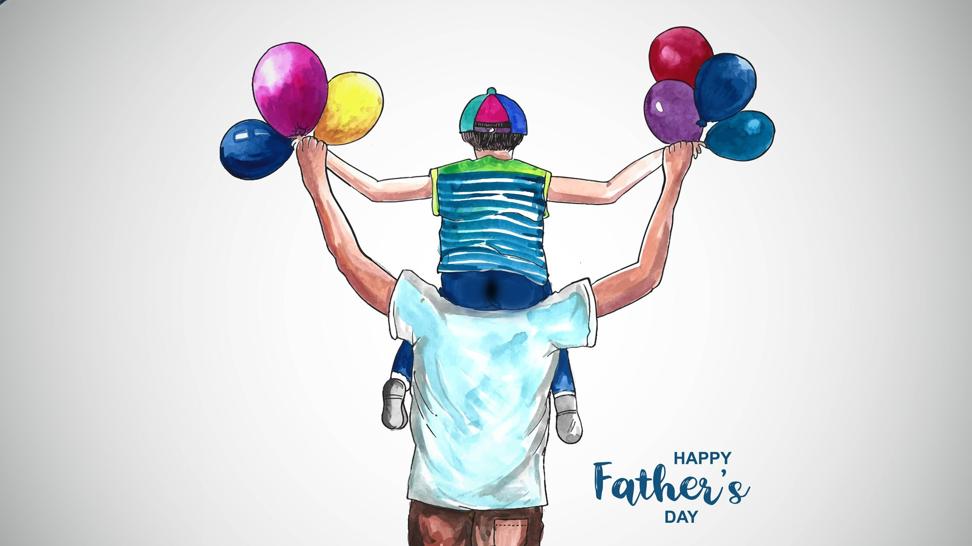 Drawing of a young boy atop his fathers shoulders. Both are holding balloons. The caption says "Happy Fathers's Day"